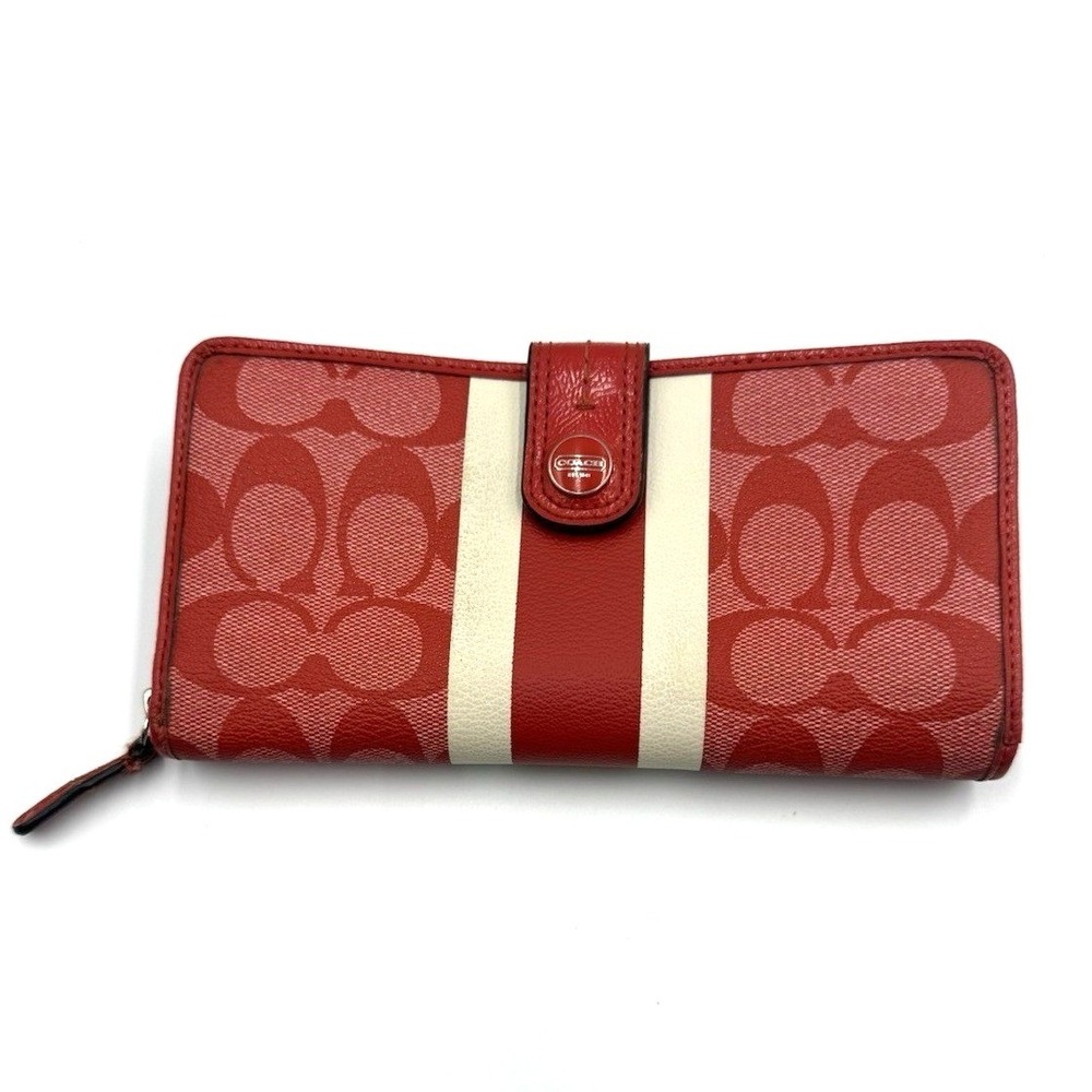 Coach Vermillion Logo Signature PVC Stripe Accordion Wallet Red &‎ White F49077
